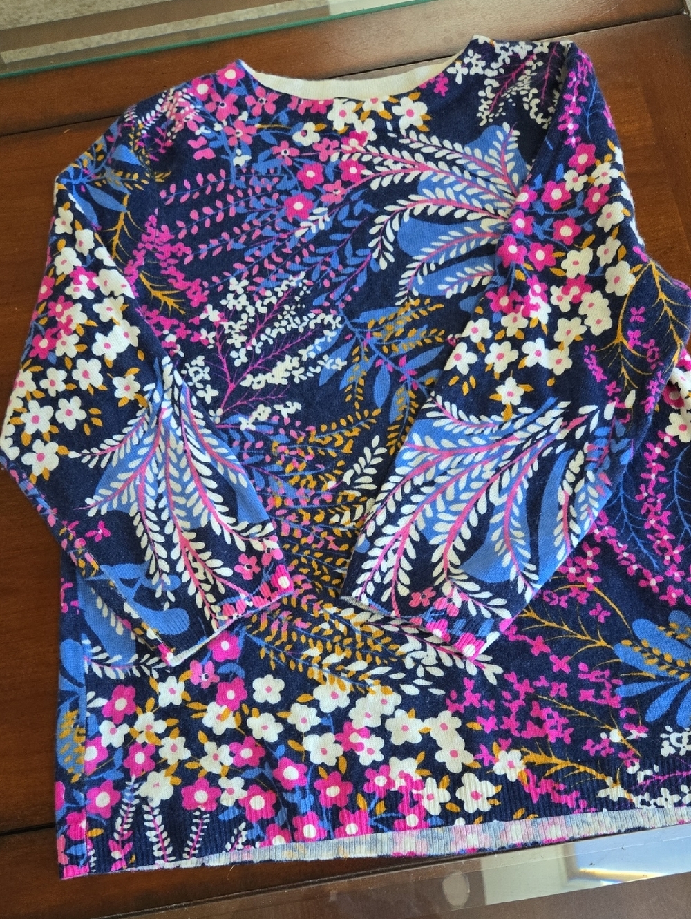 Talbots  100% Cashmere Sweater with Pink, Blue & Gold Floral Print. Large.